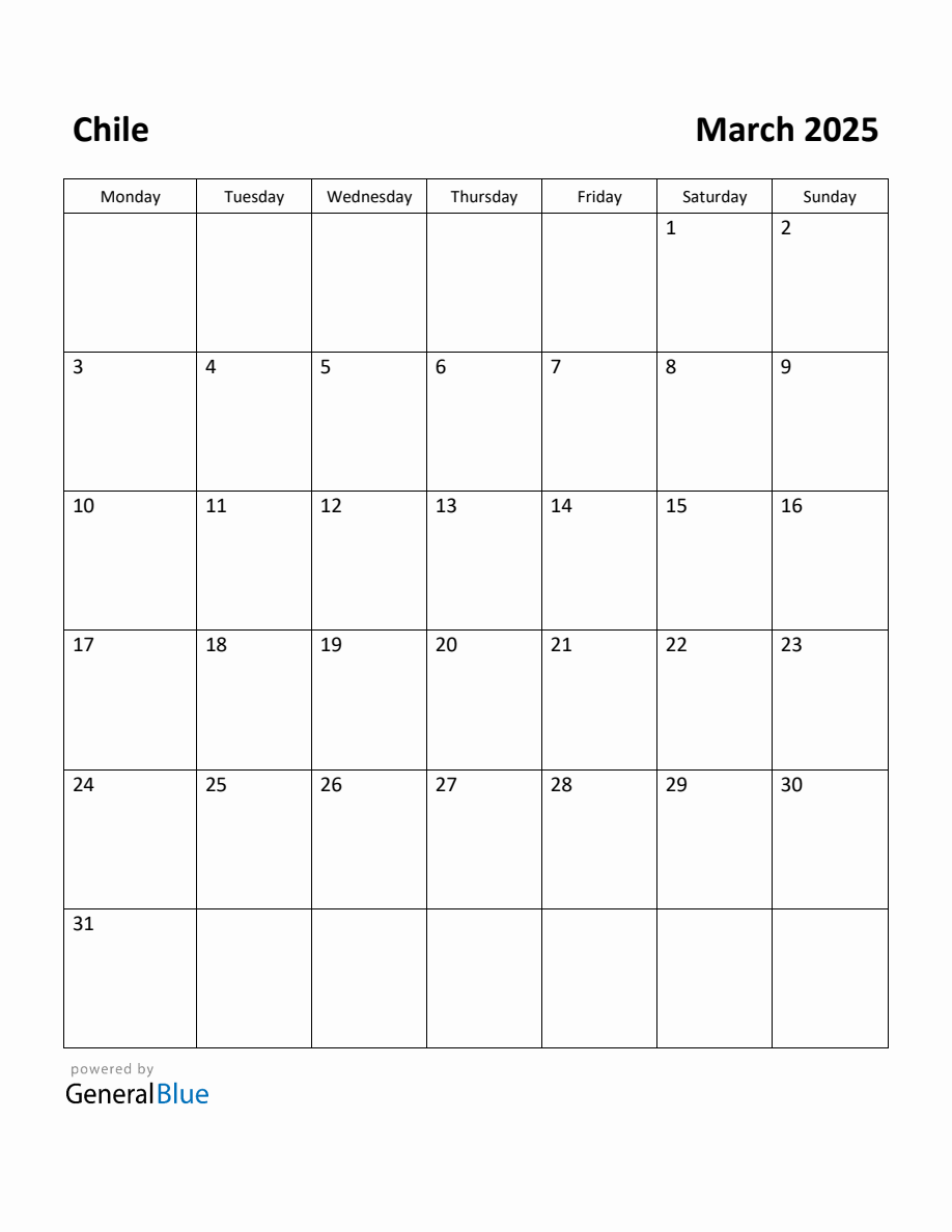 Free Printable March 2025 Calendar for Chile