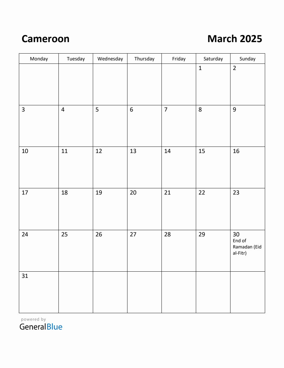 Free Printable March 2025 Calendar for Cameroon