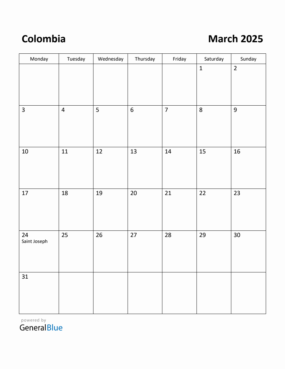 Free Printable March 2025 Calendar for Colombia