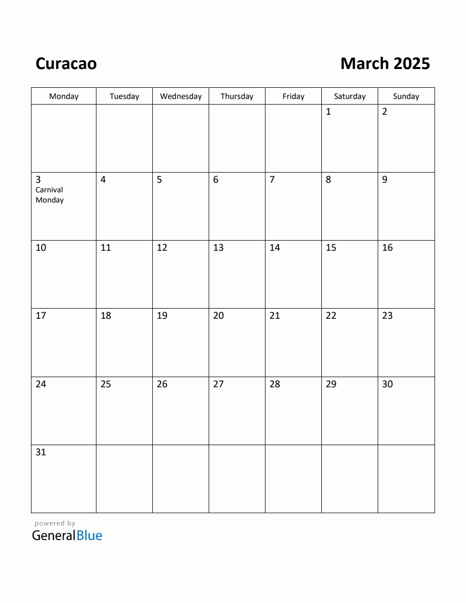 Free Printable March 2025 Calendar for Curacao