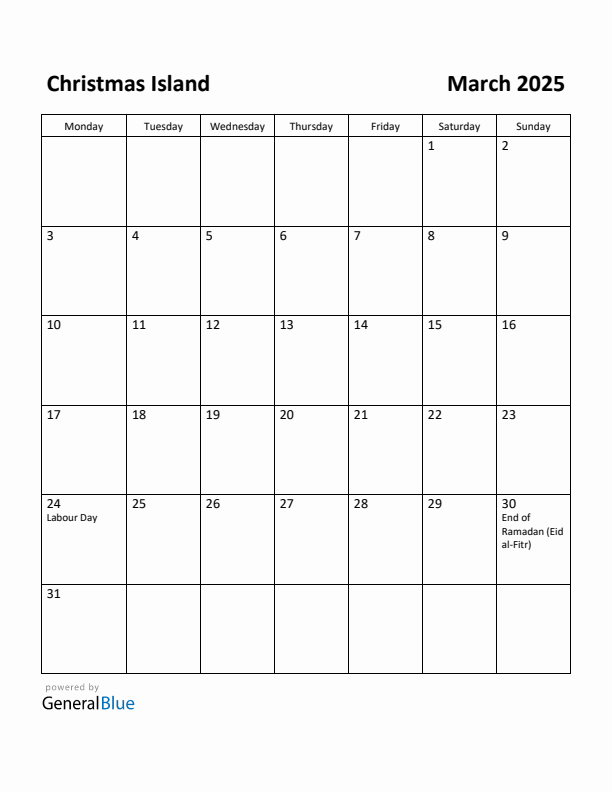 March 2025 Calendar with Christmas Island Holidays