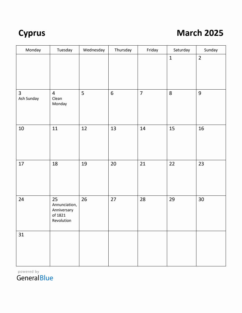 Calendar 2025 With Holidays Cyprus 