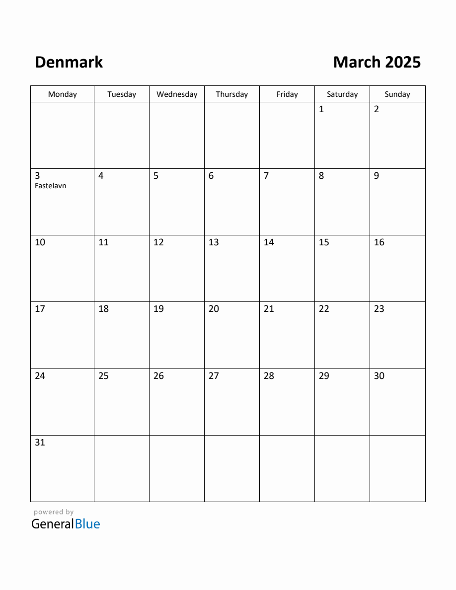 Free Printable March 2025 Calendar for Denmark