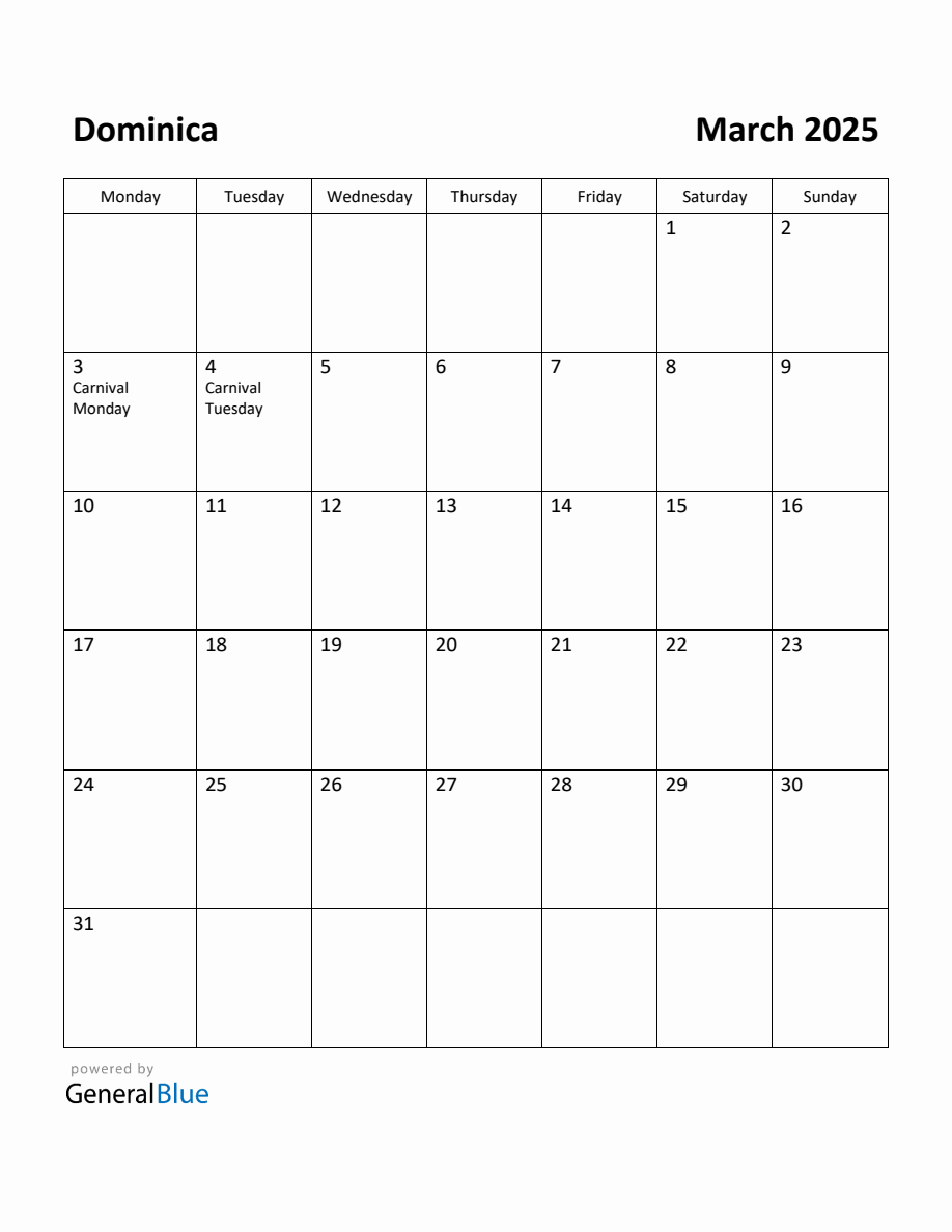 Free Printable March 2025 Calendar for Dominica