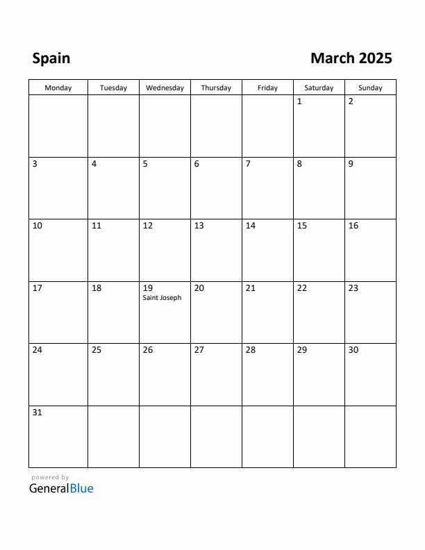 Free Printable March 2025 Calendar for Spain