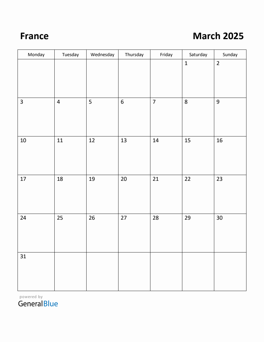 Free Printable March 2025 Calendar for France