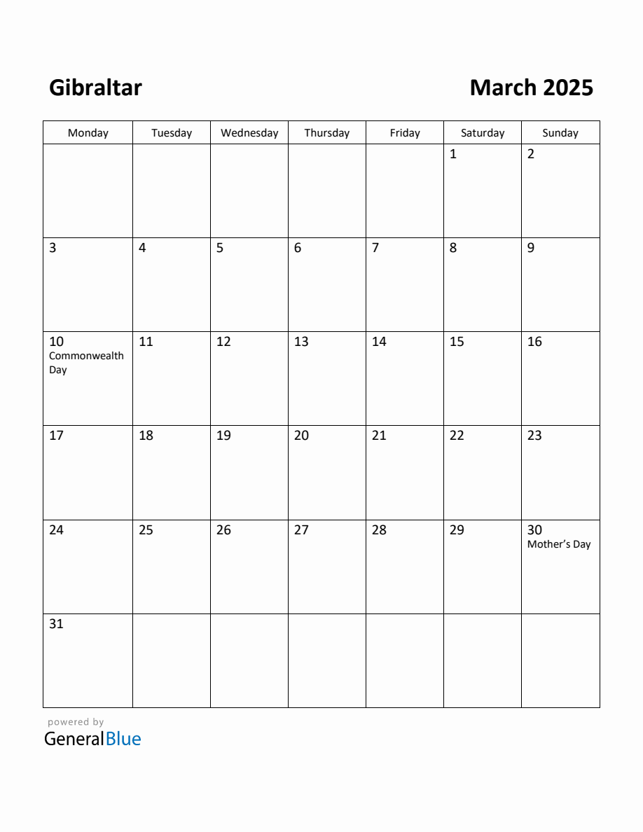 Free Printable March 2025 Calendar for Gibraltar