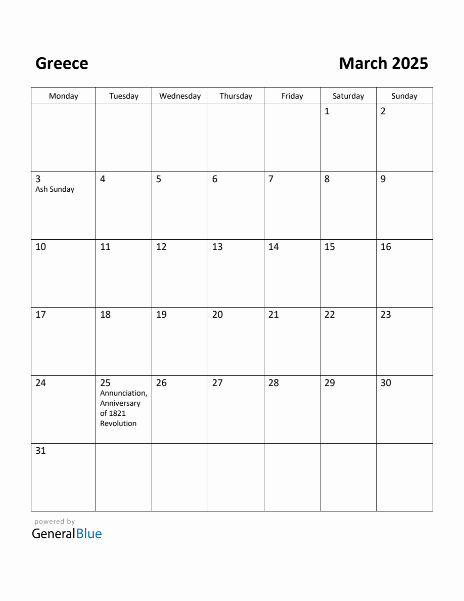 Free Printable March 2025 Calendar for Greece