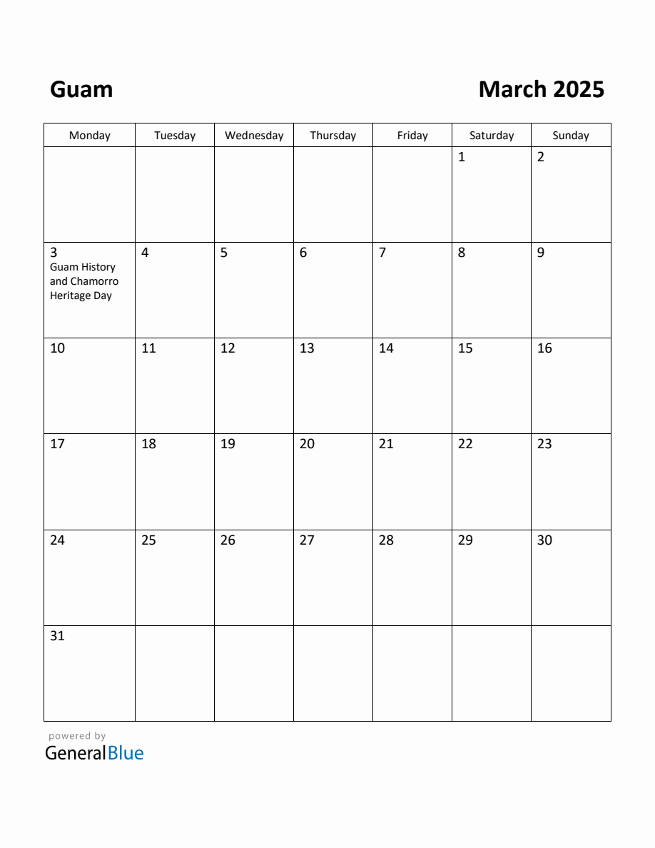 Free Printable March 2025 Calendar for Guam