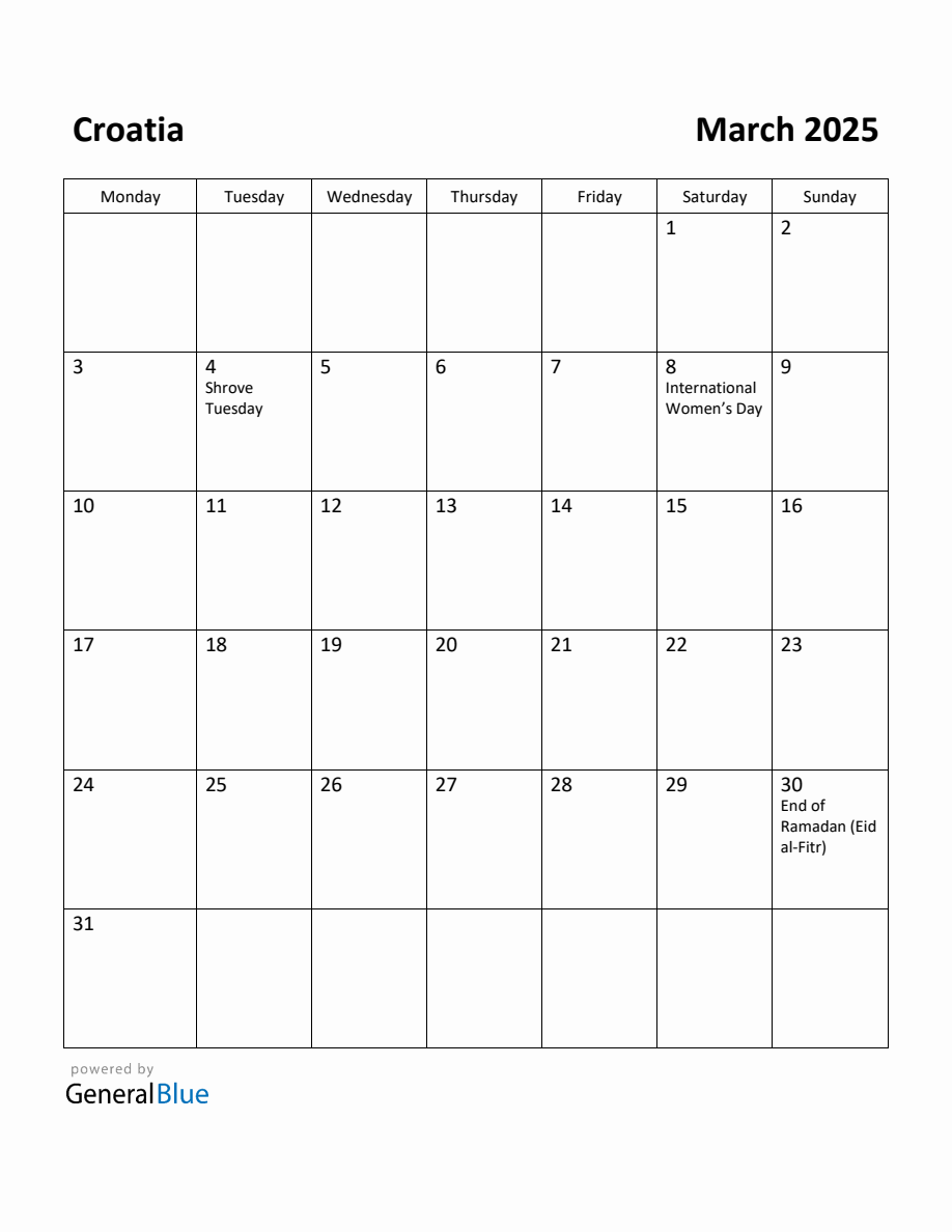 Free Printable March 2025 Calendar For Croatia