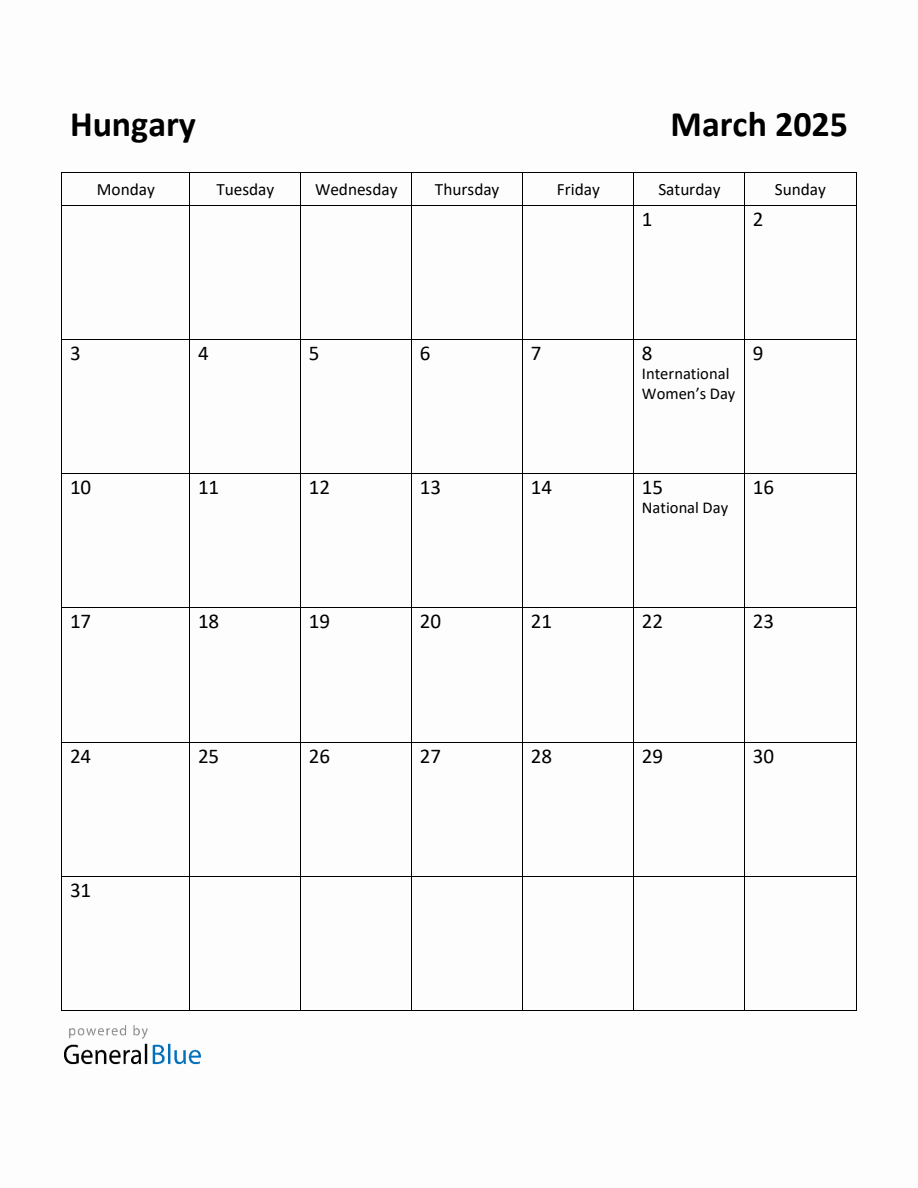 Free Printable March 2025 Calendar for Hungary