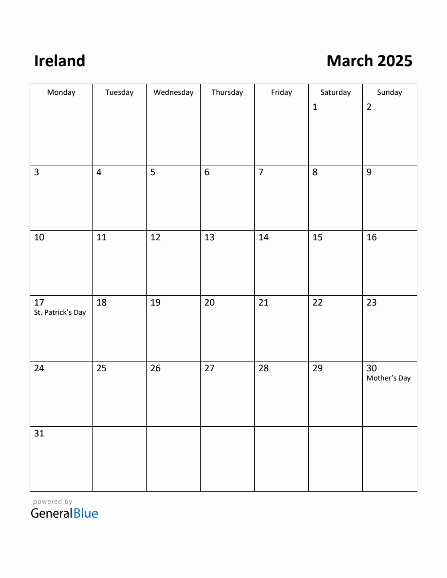 Free Printable March 2025 Calendar for Ireland