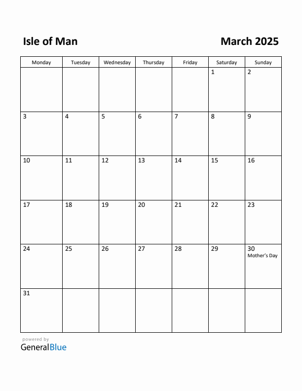 March 2025 Calendar with Isle of Man Holidays