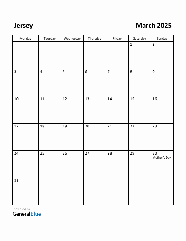 March 2025 Calendar with Jersey Holidays