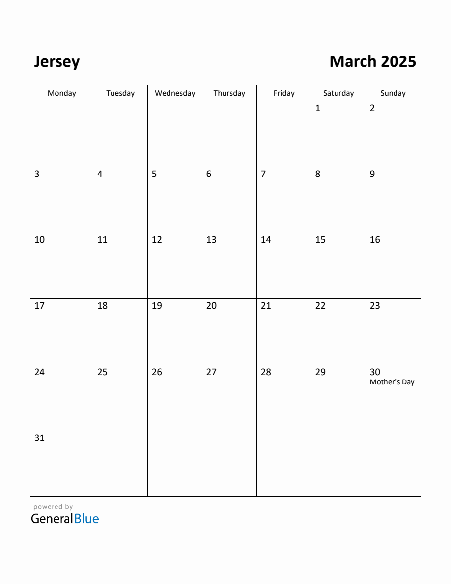 Free Printable March 2025 Calendar for Jersey