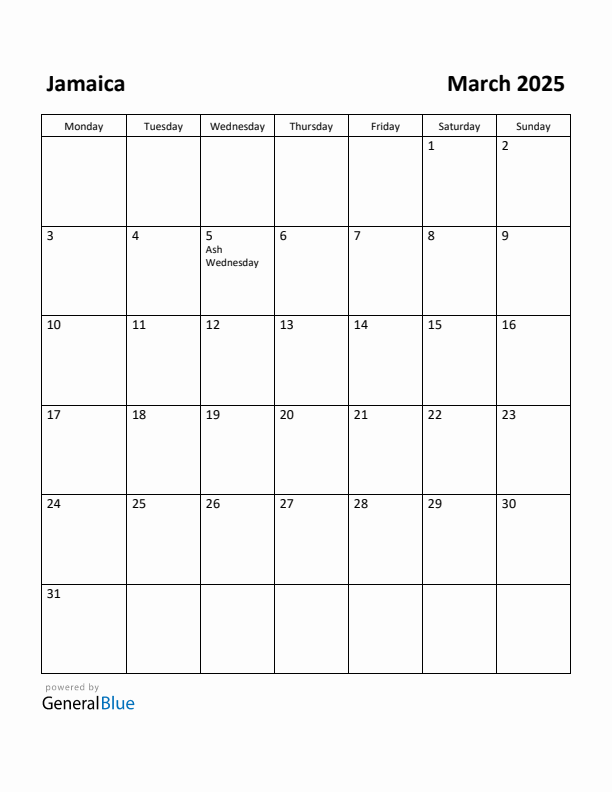 Free Printable March 2025 Calendar for Jamaica