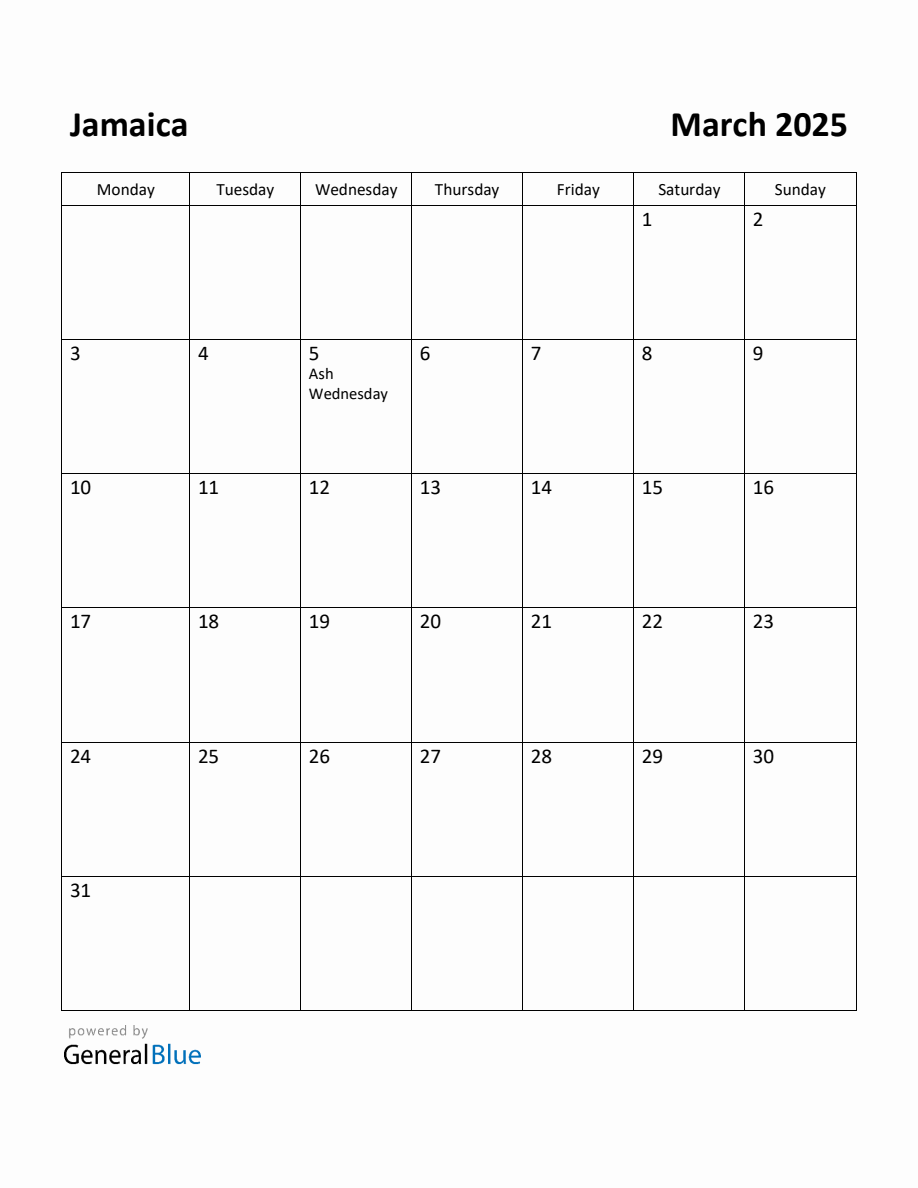 Free Printable March 2025 Calendar for Jamaica