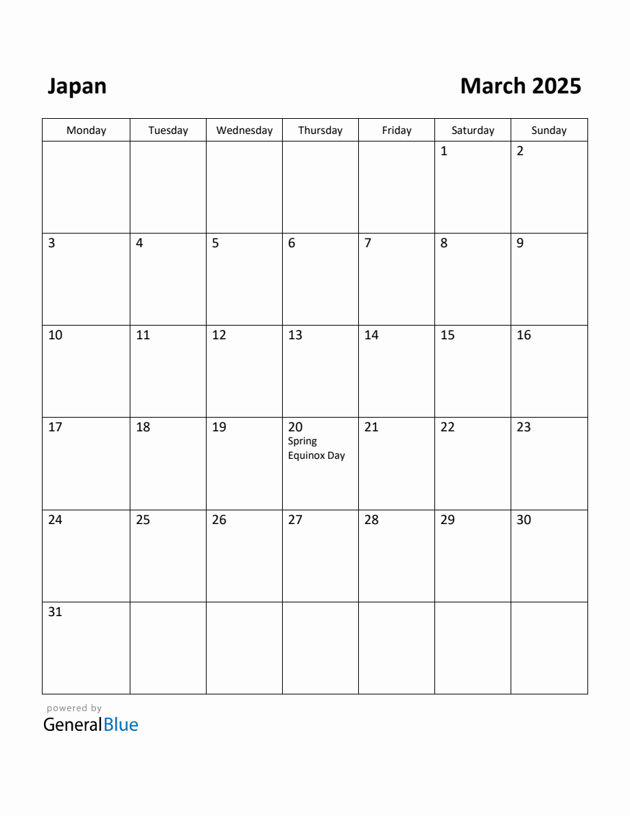 Free Printable March 2025 Calendar for Japan