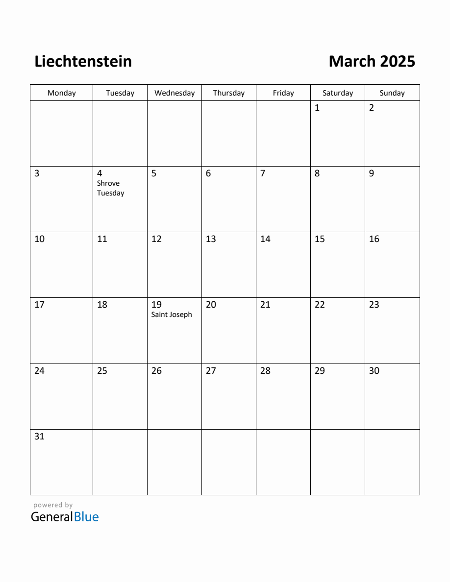 Free Printable March 2025 Calendar for Liechtenstein