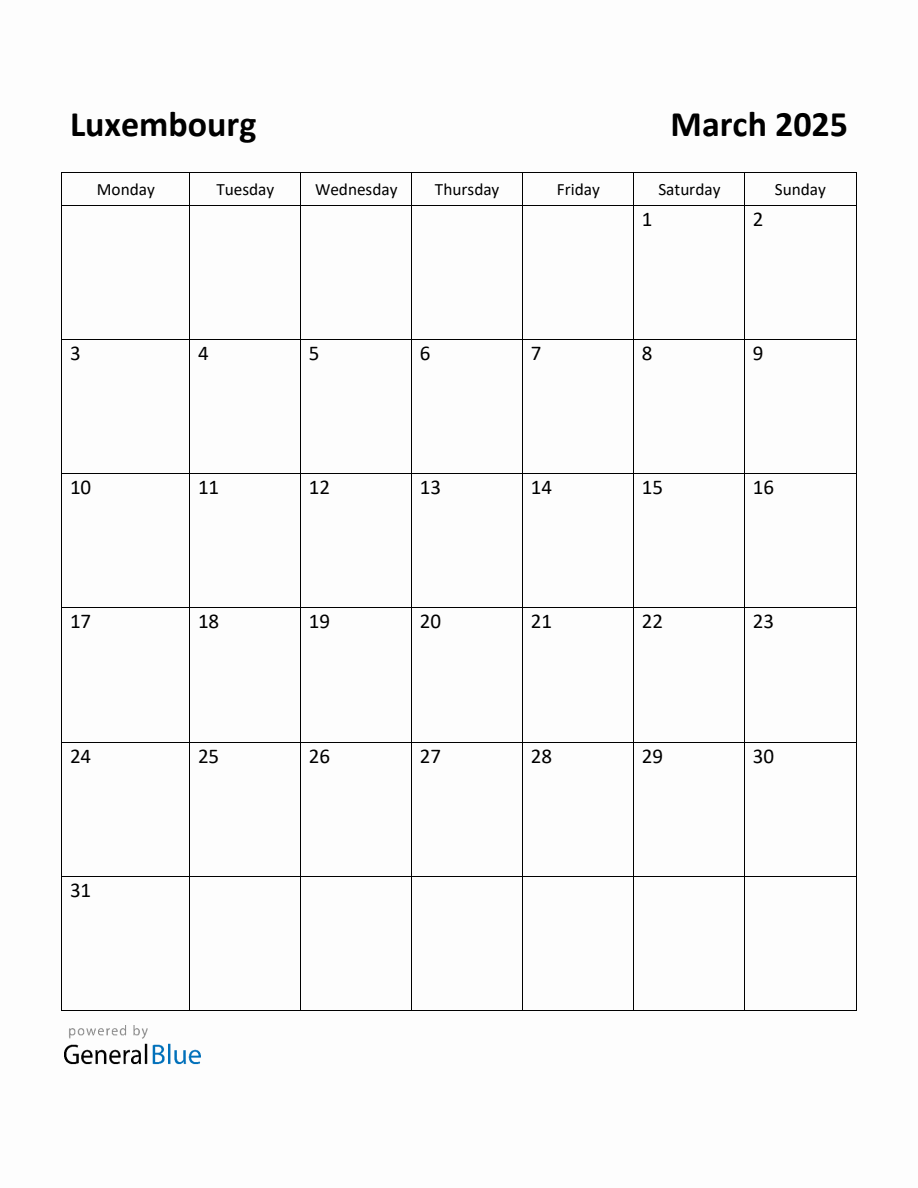 Free Printable March 2025 Calendar for Luxembourg