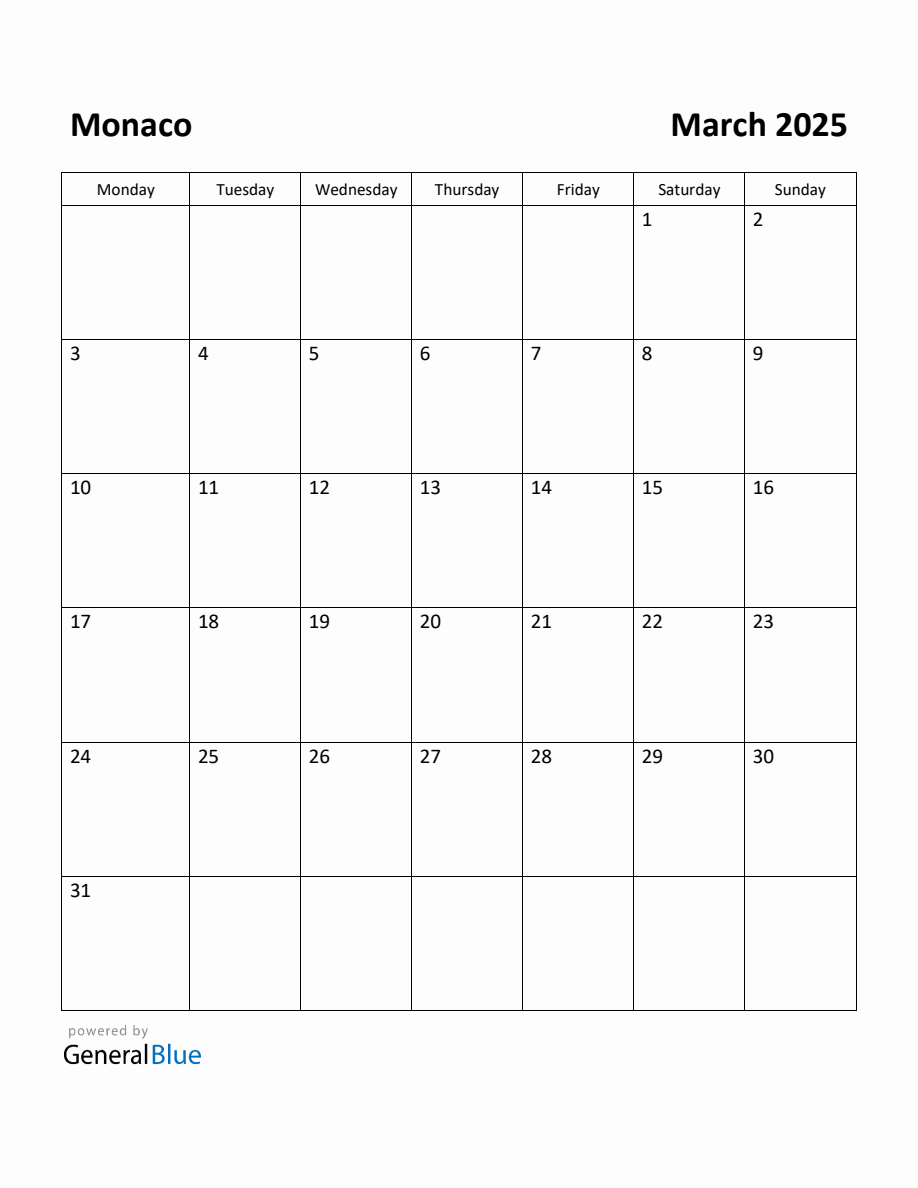 Free Printable March 2025 Calendar for Monaco