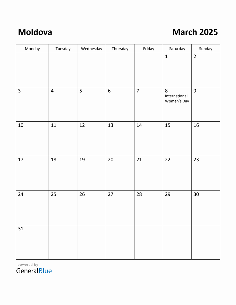 Free Printable March 2025 Calendar for Moldova