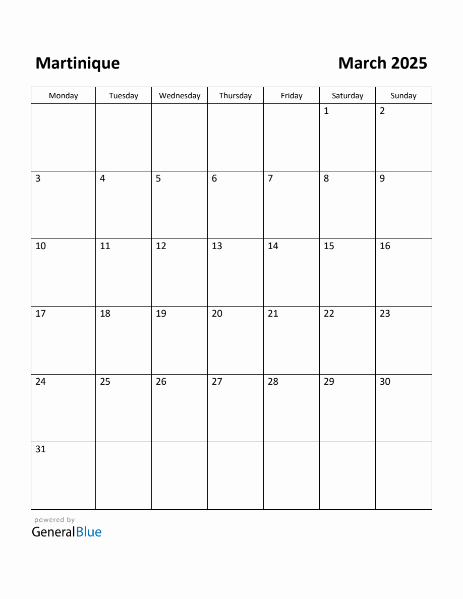 Free Printable March 2025 Calendar for Martinique