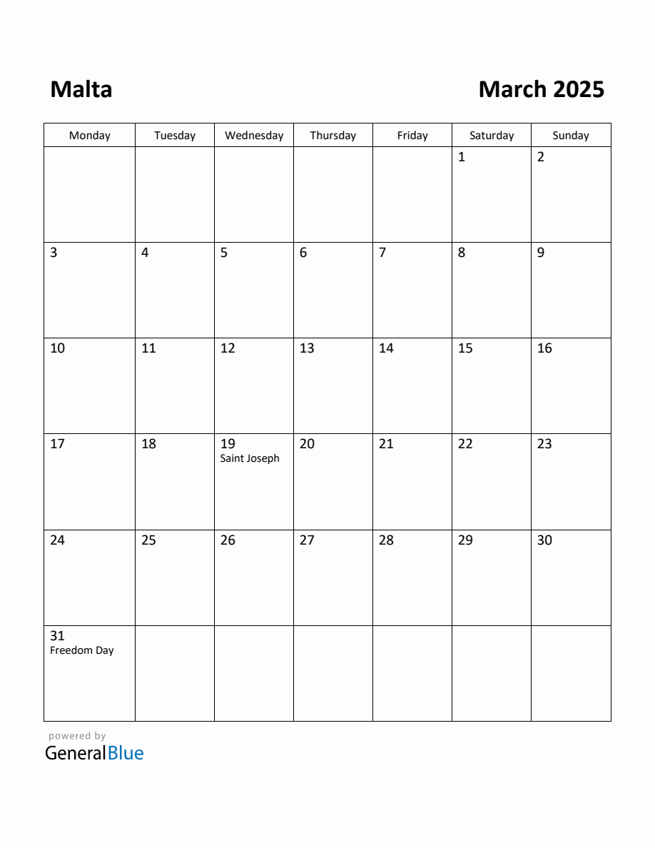 Free Printable March 2025 Calendar for Malta