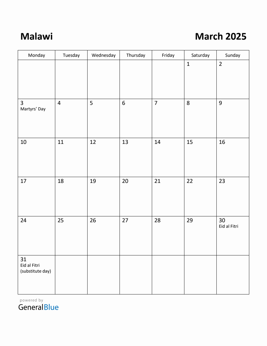 Free Printable March 2025 Calendar for Malawi