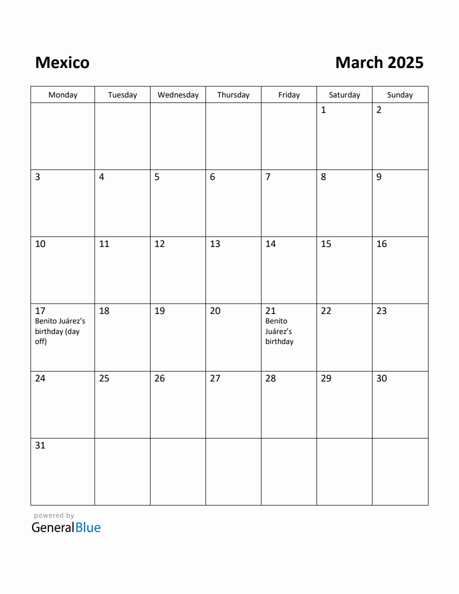 Free Printable March 2025 Calendar for Mexico