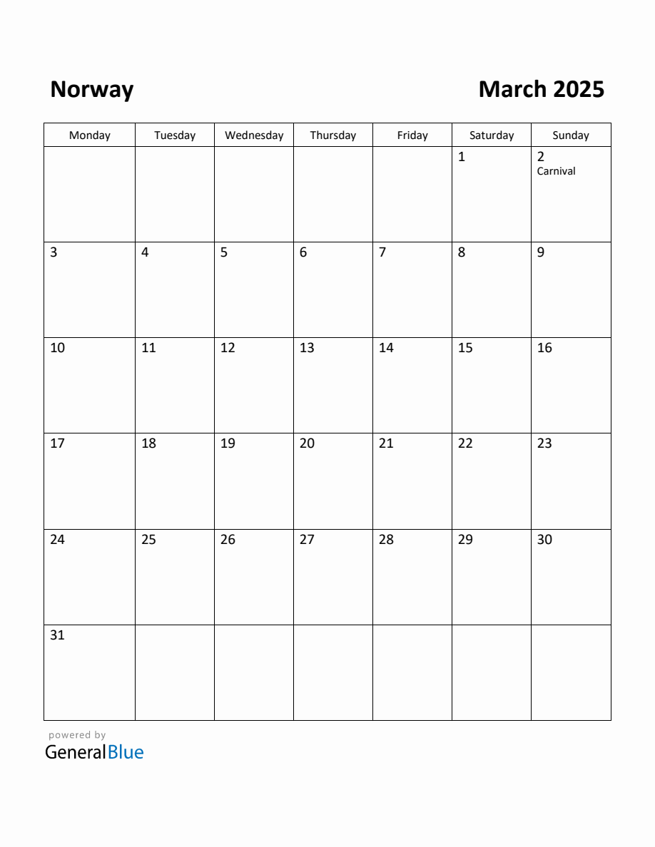 Free Printable March 2025 Calendar for Norway