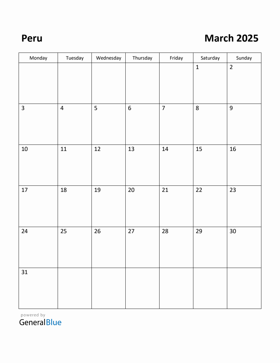 Free Printable March 2025 Calendar for Peru