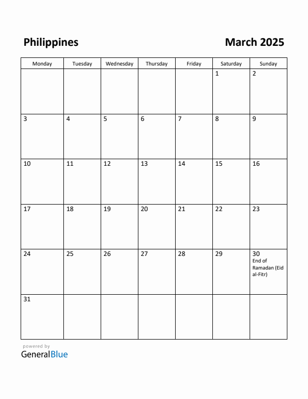 Free Printable March 2025 Calendar for Philippines