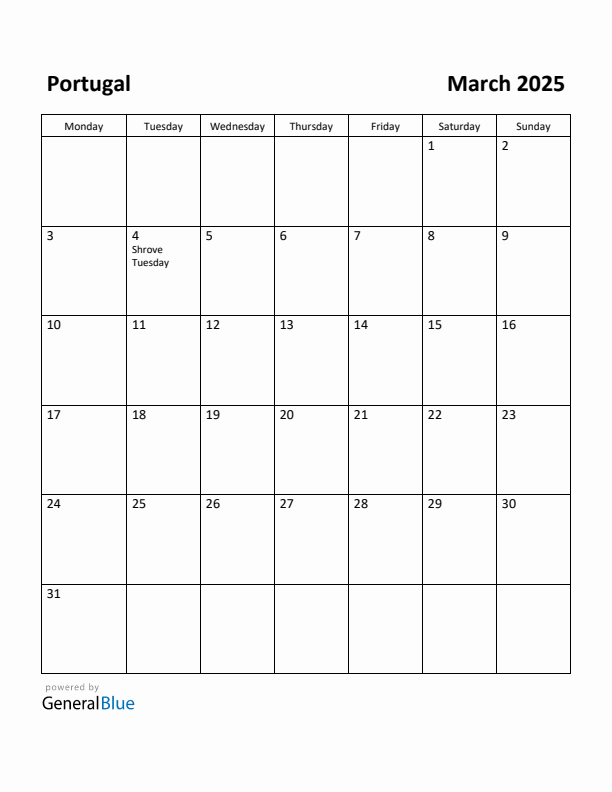 March 2025 Calendar with Portugal Holidays