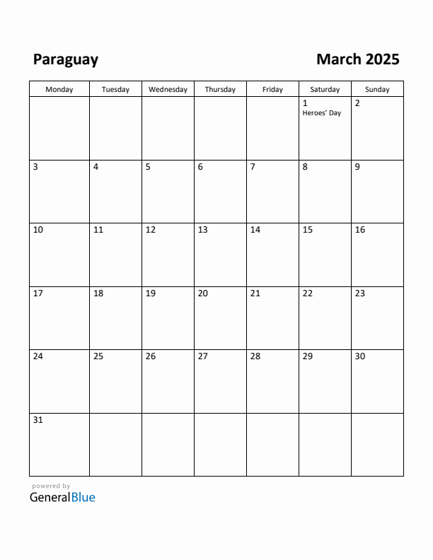 March 2025 Calendar with Paraguay Holidays