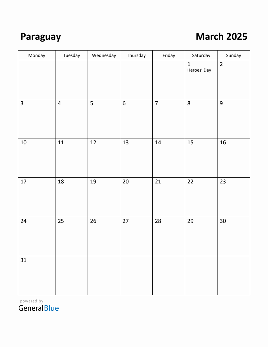Free Printable March 2025 Calendar for Paraguay