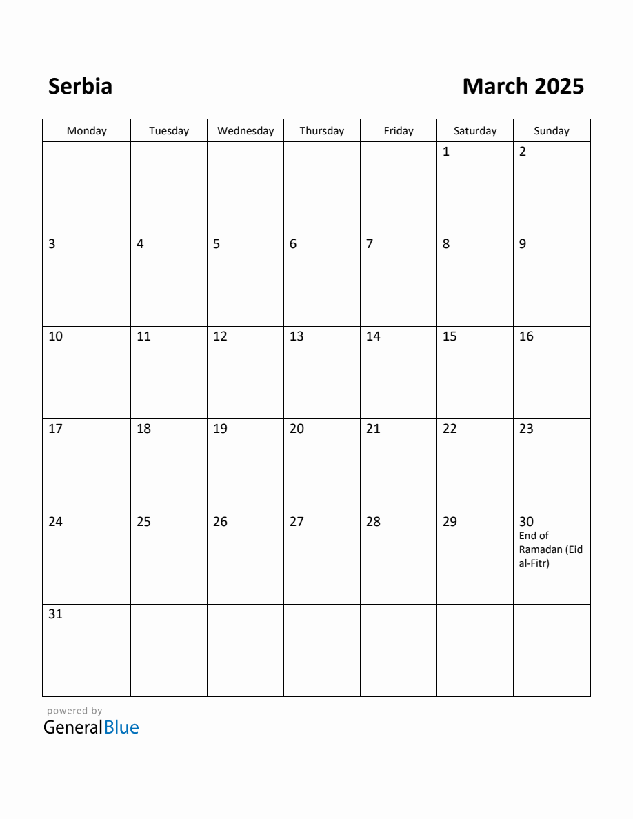 Free Printable March 2025 Calendar for Serbia