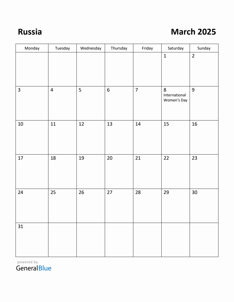 Free Printable March 2025 Calendar for Russia