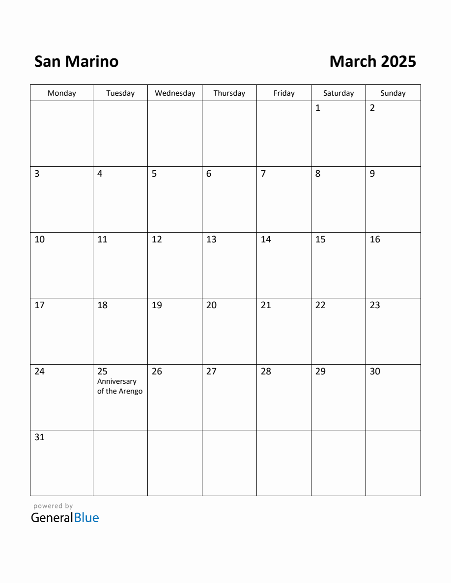 Free Printable March 2025 Calendar for San Marino