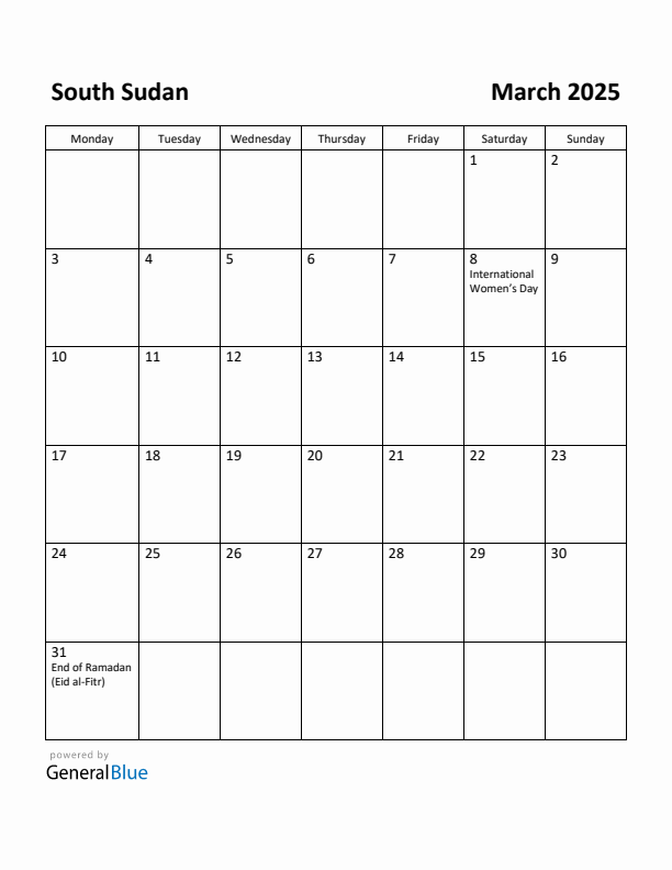 March 2025 Calendar with South Sudan Holidays