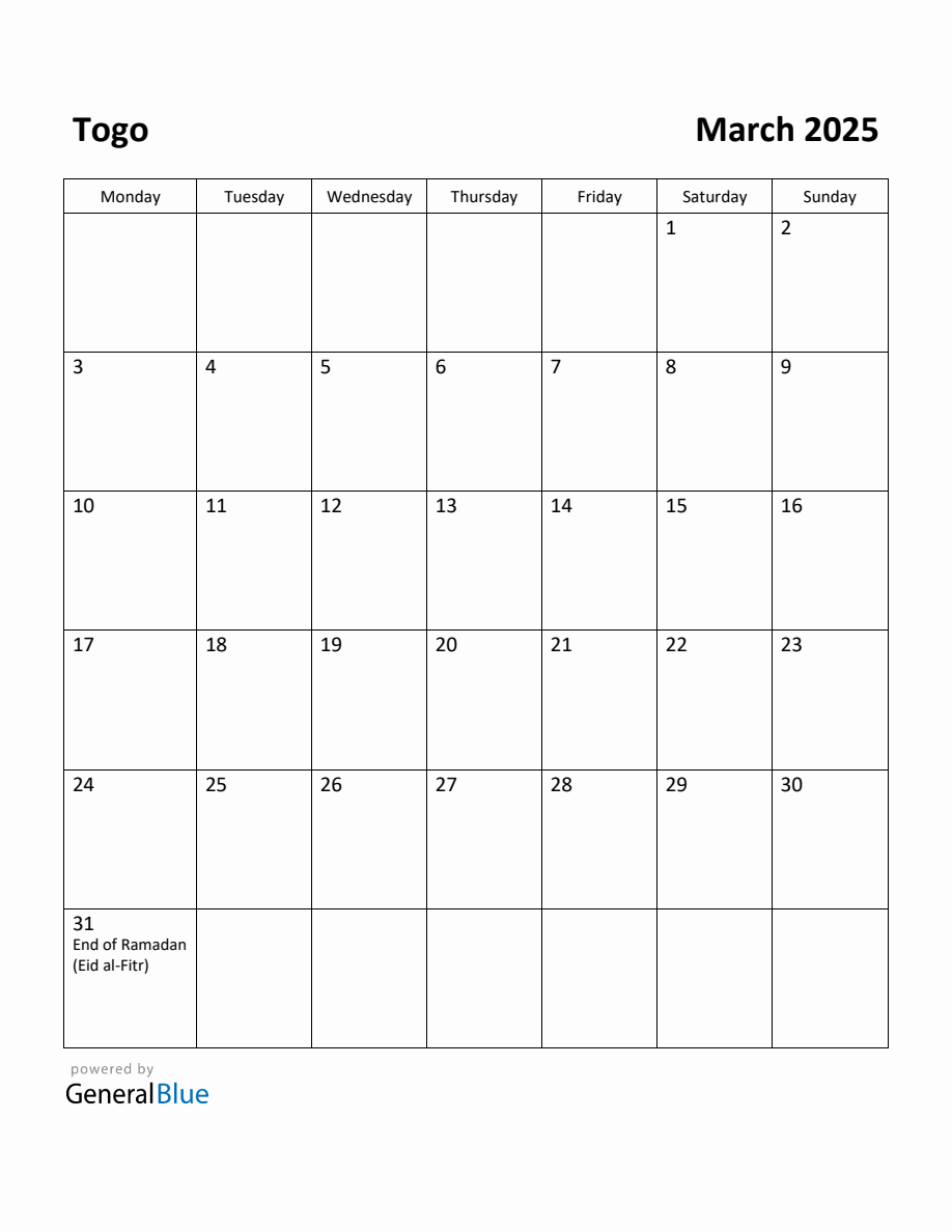 Free Printable March 2025 Calendar for Togo