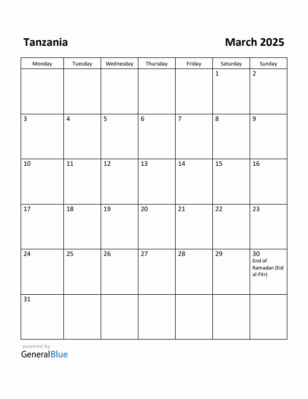 March 2025 Calendar with Tanzania Holidays