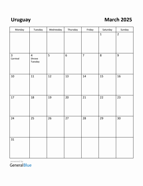 March 2025 Calendar with Uruguay Holidays