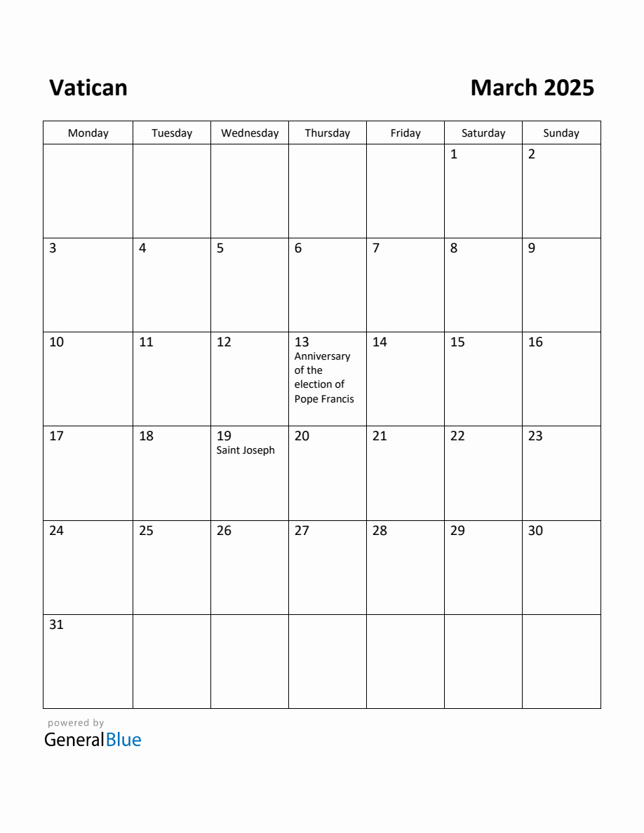 Free Printable March 2025 Calendar for Vatican