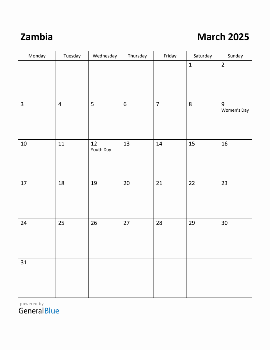 Free Printable March 2025 Calendar for Zambia