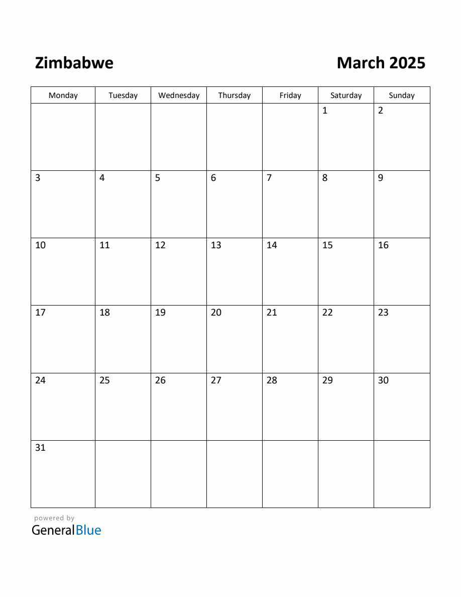 Free Printable March 2025 Calendar for Zimbabwe