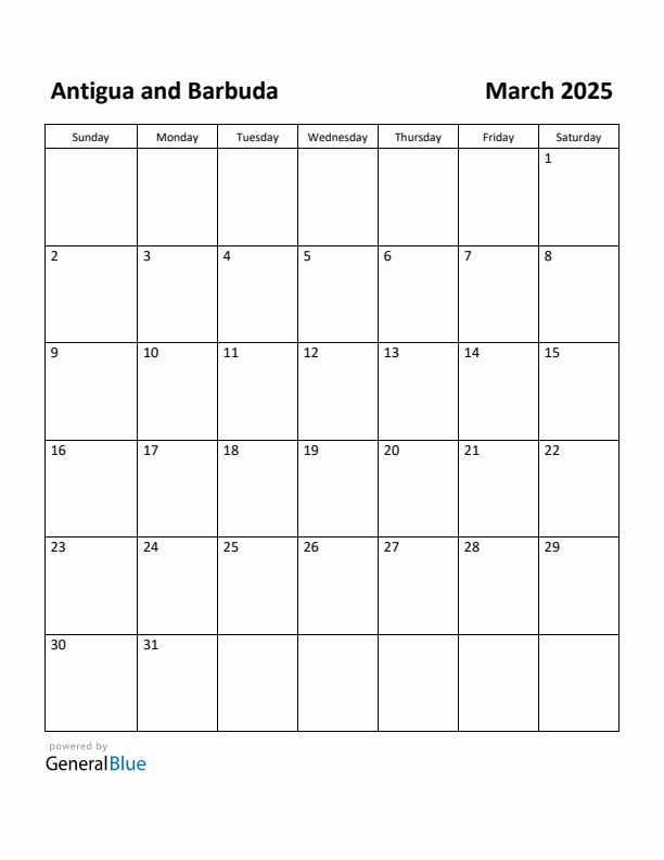 March 2025 Calendar with Antigua and Barbuda Holidays