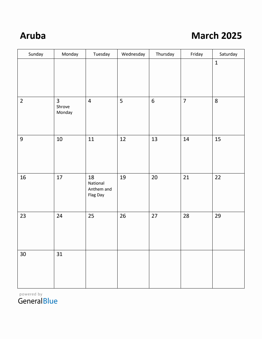 Free Printable March 2025 Calendar for Aruba