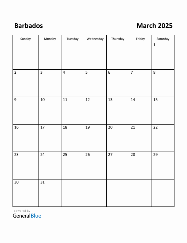 March 2025 Calendar with Barbados Holidays