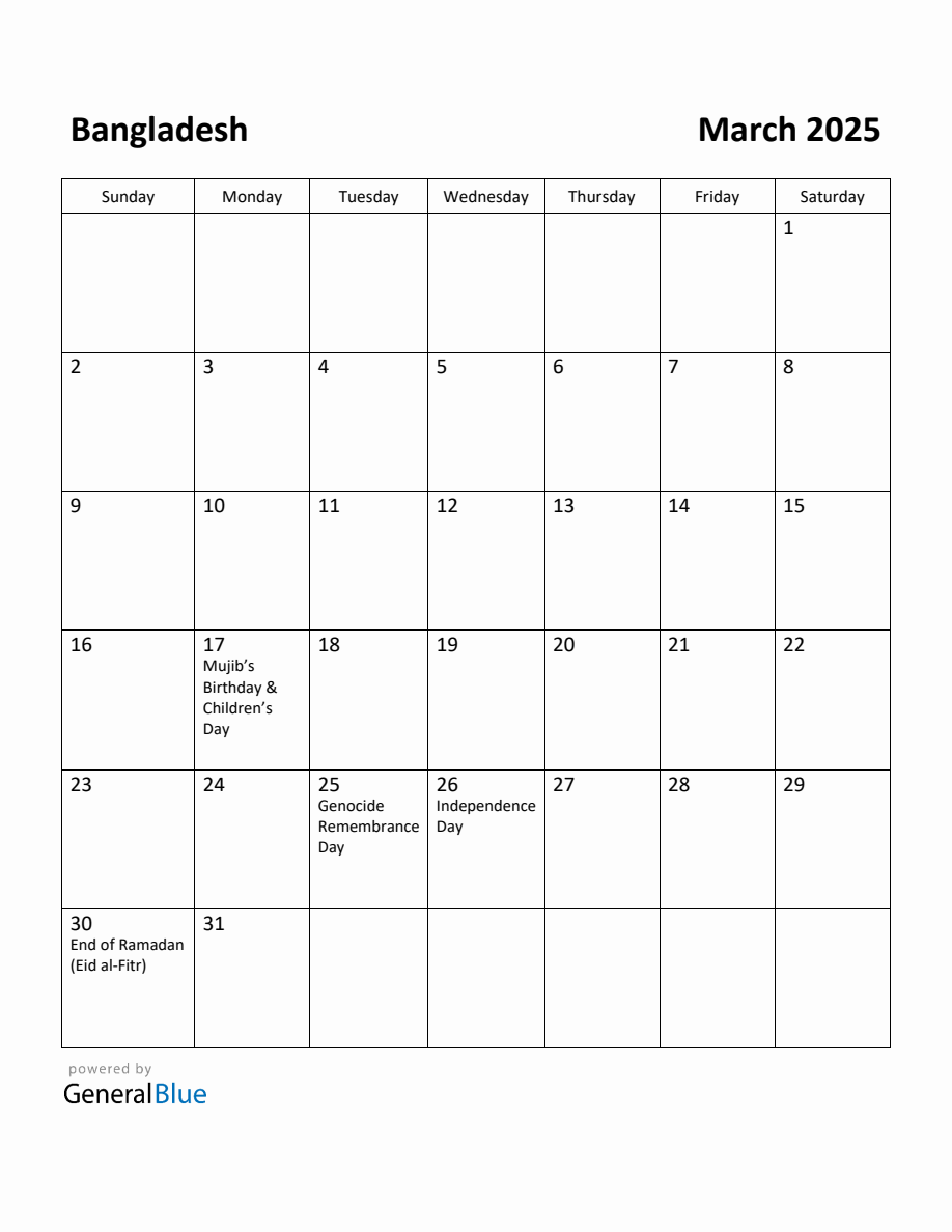 Free Printable March 2025 Calendar for Bangladesh